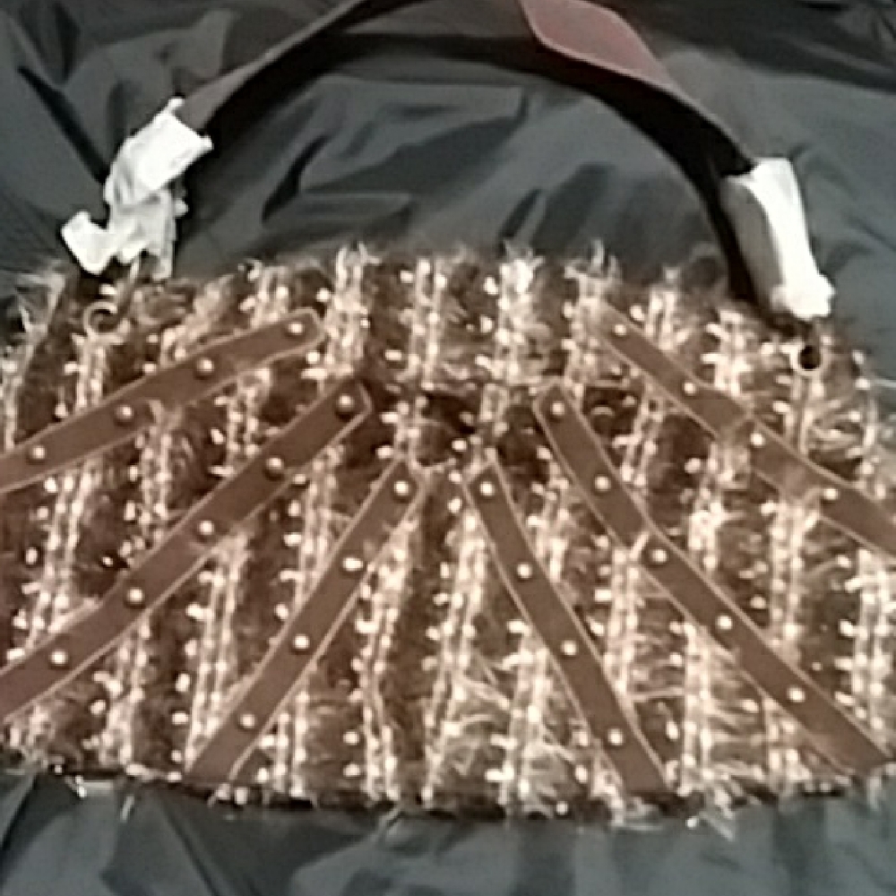 Textured Brown and Cream Shoulder Bag with Studded Straps